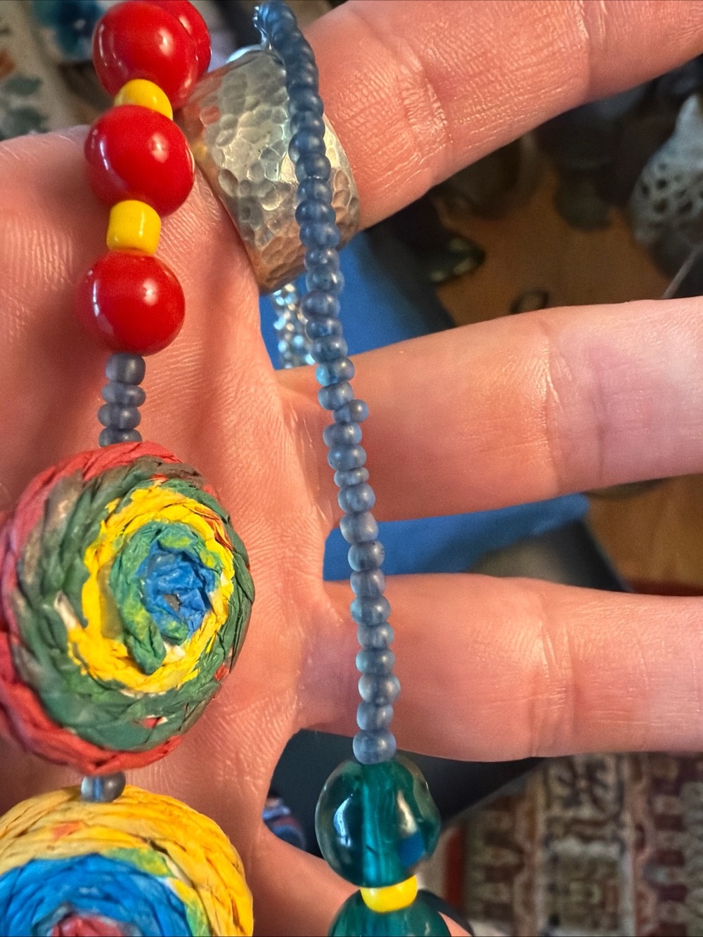 Colorful Boho Multi-Bead Pendant Necklace - Vibrant Green & Yellow Artisan made - Picture 8 of 9
